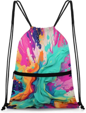 Fluid Art Fusion Polyester Drawstring Bag with Zipper Pocket, 18x14 Inch Water-Resistant Gym Sack String Backpack for Sports, Travel, Camping