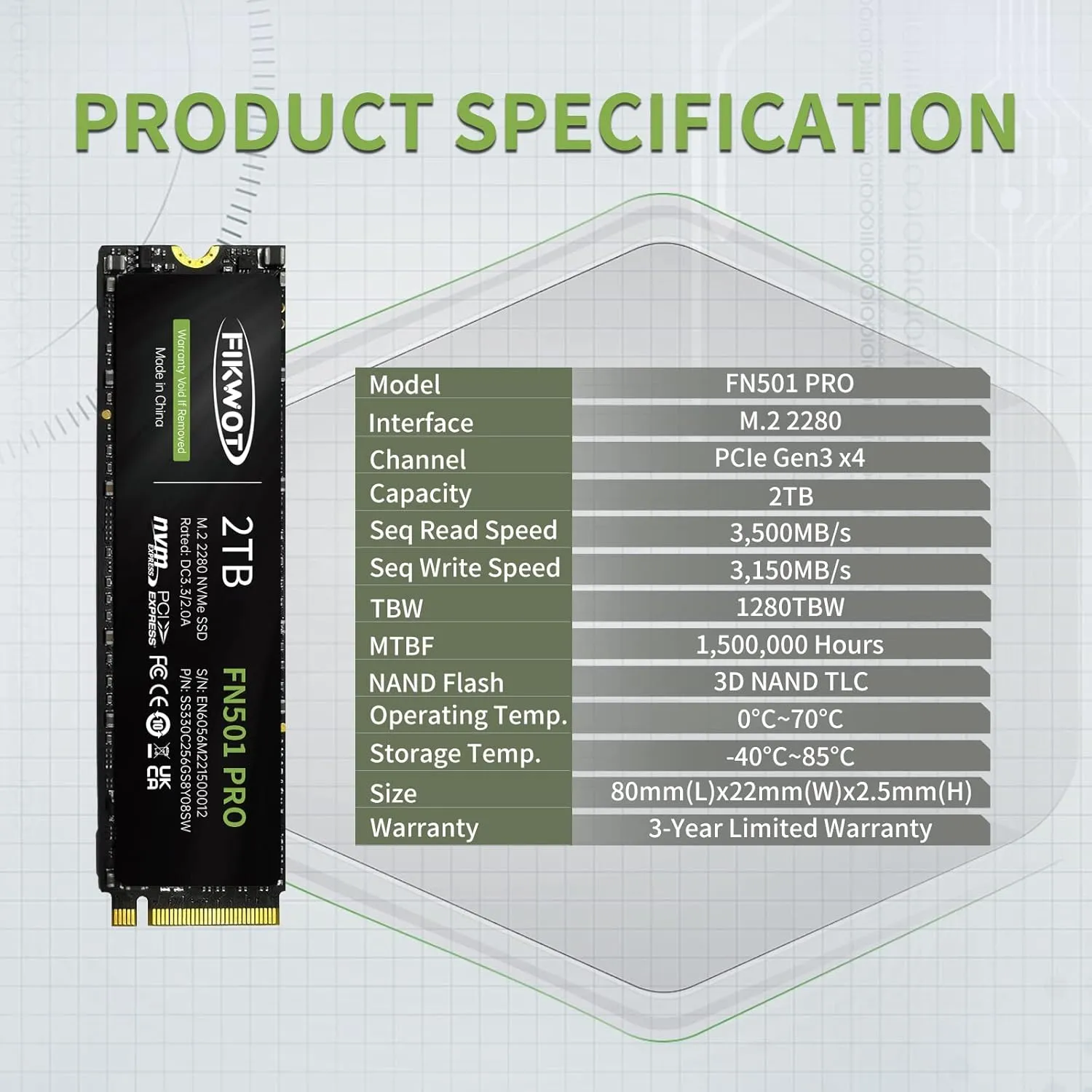 FN501 Pro 2TB NVMe SSD - M.2 2280 PCIe Gen3 x4 Internal Solid State Drive with Graphene Cooling Sticker, Up to 3,500MB/s, SLC Cache 3D NAND TLC, Compatible with Laptop & PC Desktop