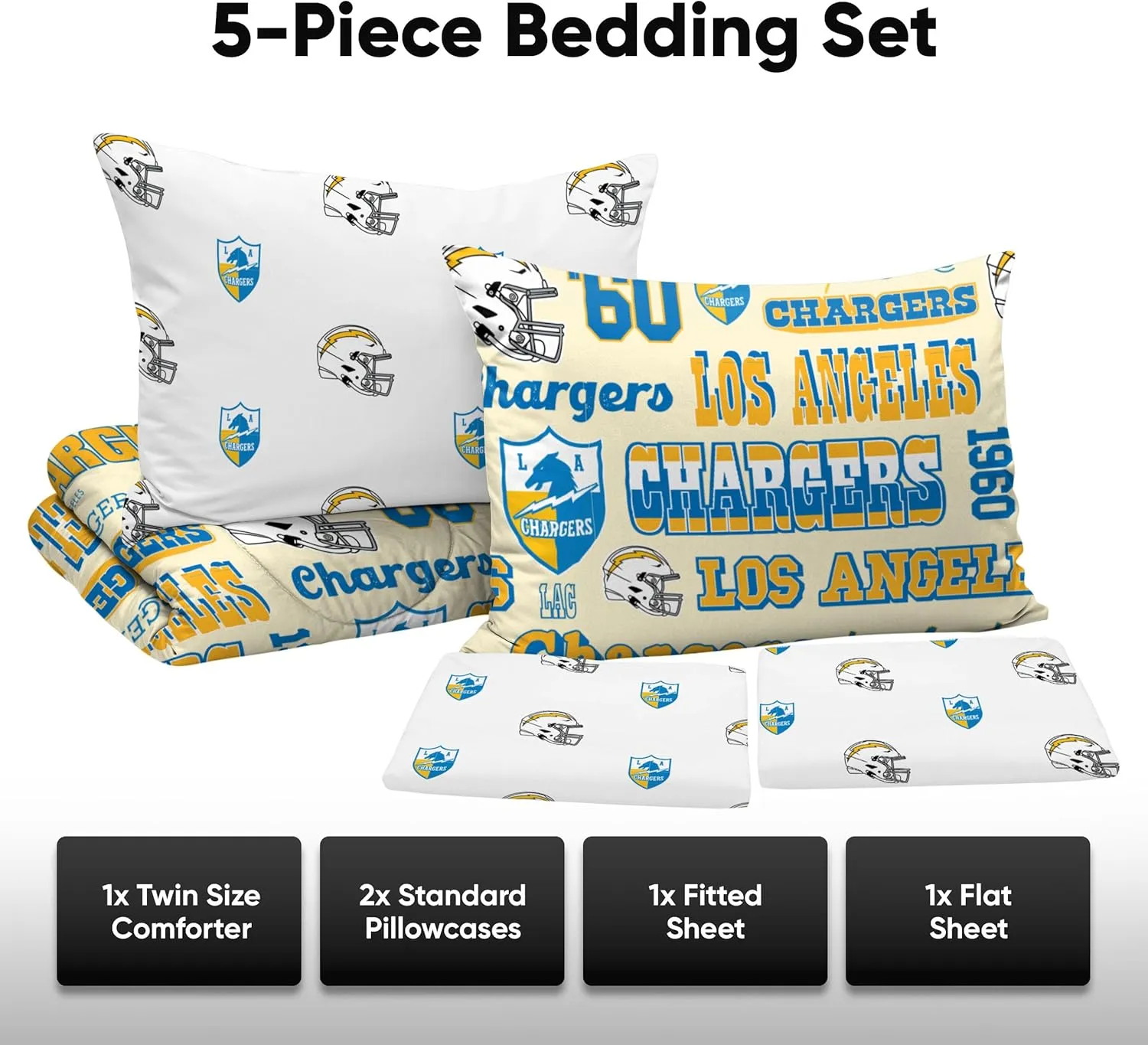 FOCO NFL Unisex-Adult NFL Team Logo Bed in a Bag Comforter Sheets Pillow Cases Bedding 5-Piece Set