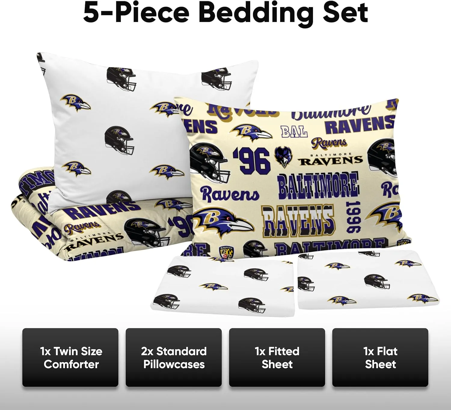 FOCO Unisex-Adult NFL Team Logo Bed in a Bag Comforter Sheets Pillow Cases Bedding 5-Piece Set