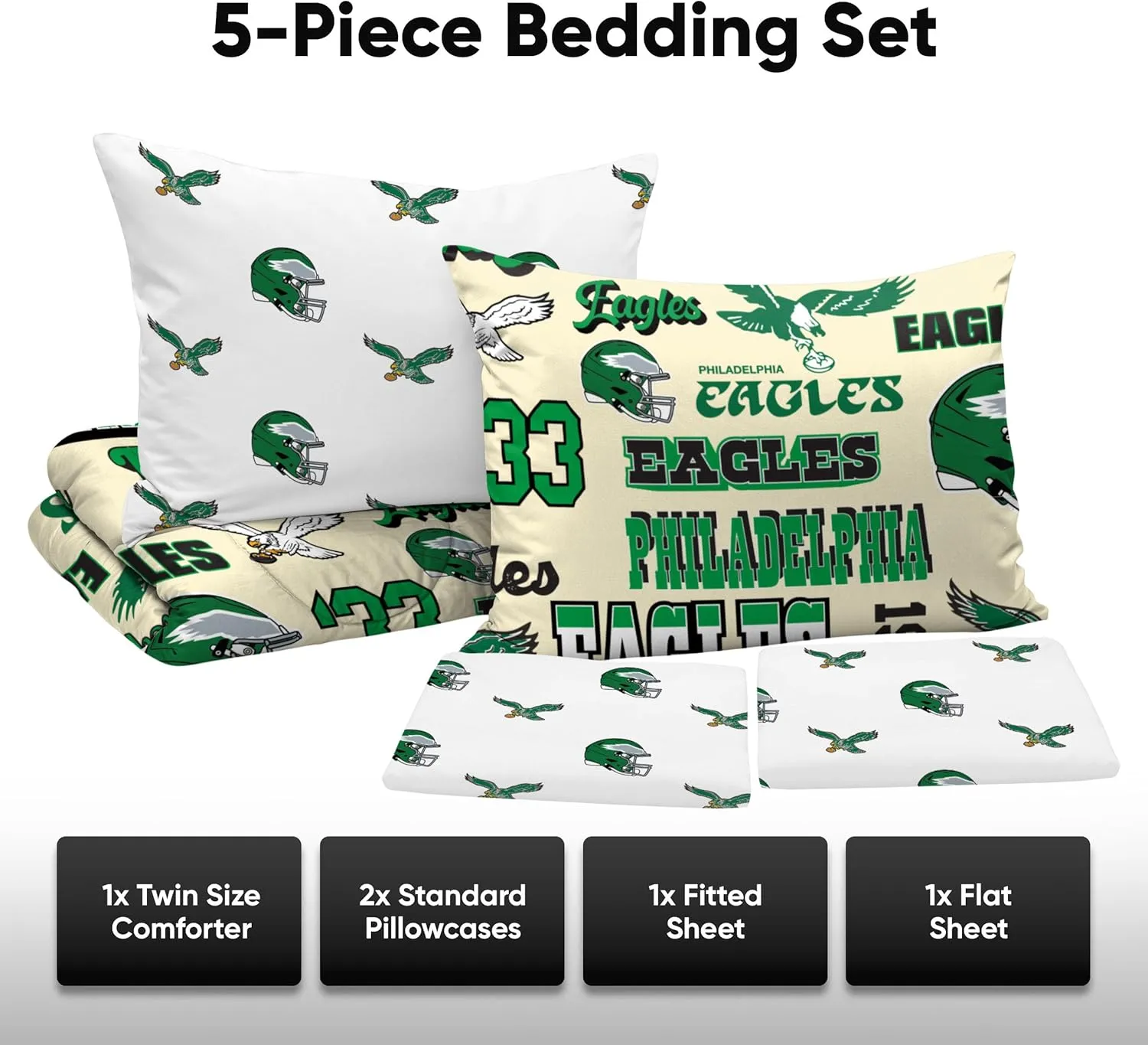 FOCO Unisex-Adult NFL Team Logo Bed in a Bag Comforter Sheets Pillow Cases Bedding 5-Piece Set