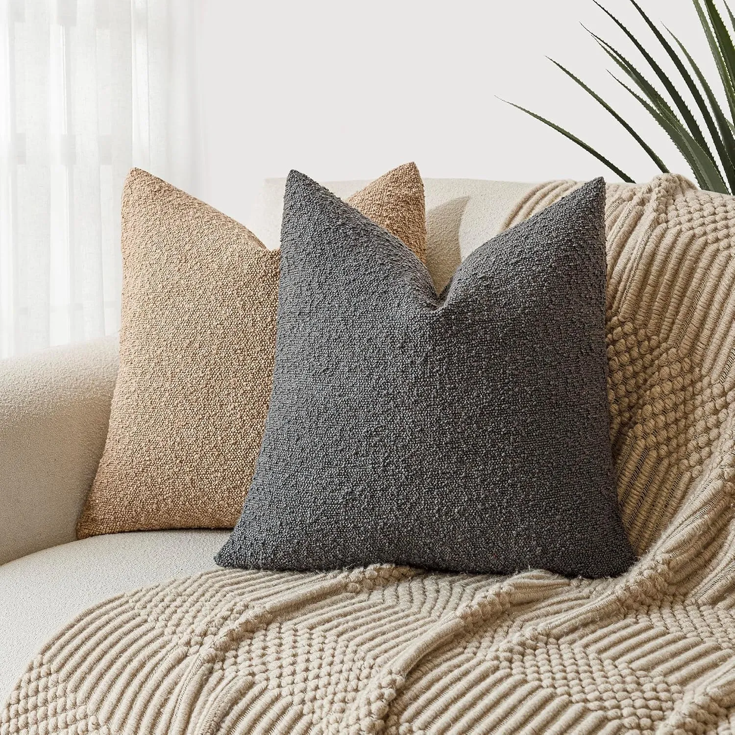 Foindtower Pack of 2 Textured Boucle Throw Pillow Covers Accent Solid Decorative Pillow Cases Cozy Woven Couch Cushion Case for Sofa Bedroom Living Room Home Decor, 18 x 18 Inch,Dark Grey