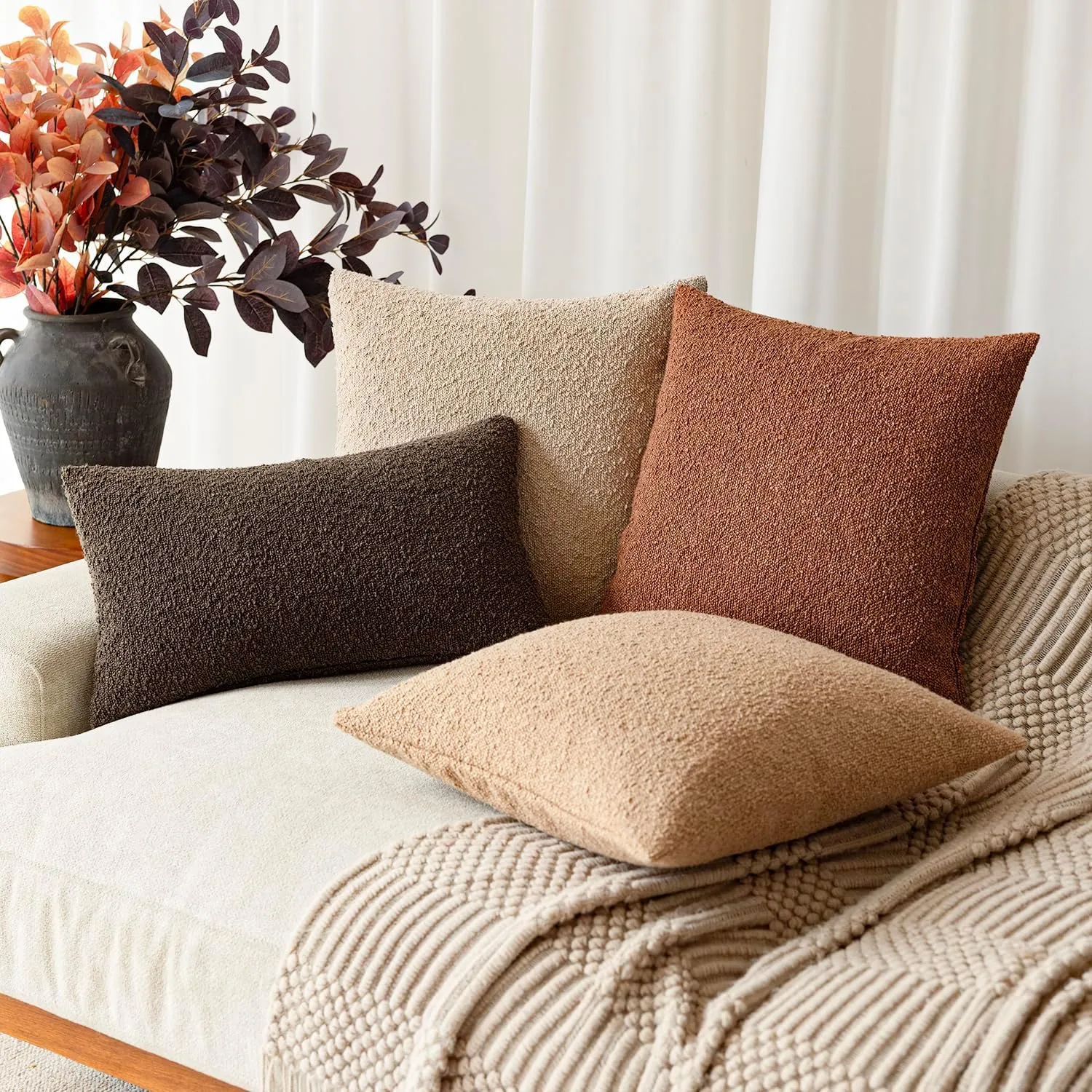 Foindtower Pack of 2 Textured Boucle Throw Pillow Covers Accent Solid Pillow Cases Cozy Soft Decorative Couch Cushion Case for Chair Sofa Bedroom Living Room Home Decor 18x18 Inch Burnt Orange Hazel