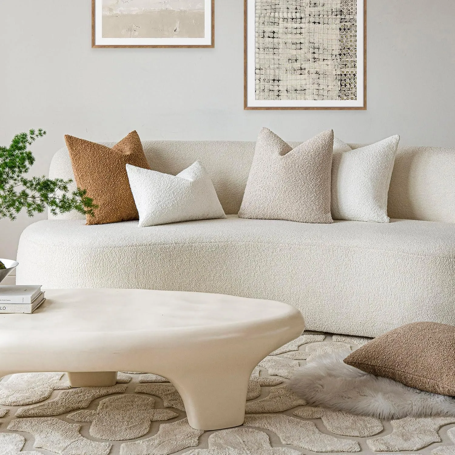 Foindtower Set of 2, Decorative Textured Boucle Throw Pillow Covers Accent Solid Pillow Cases Neutral Cozy Couch Cushion Case for Chair Sofa Bedroom Living Room Home Decor 16 x 16 Inch Ivory Beige