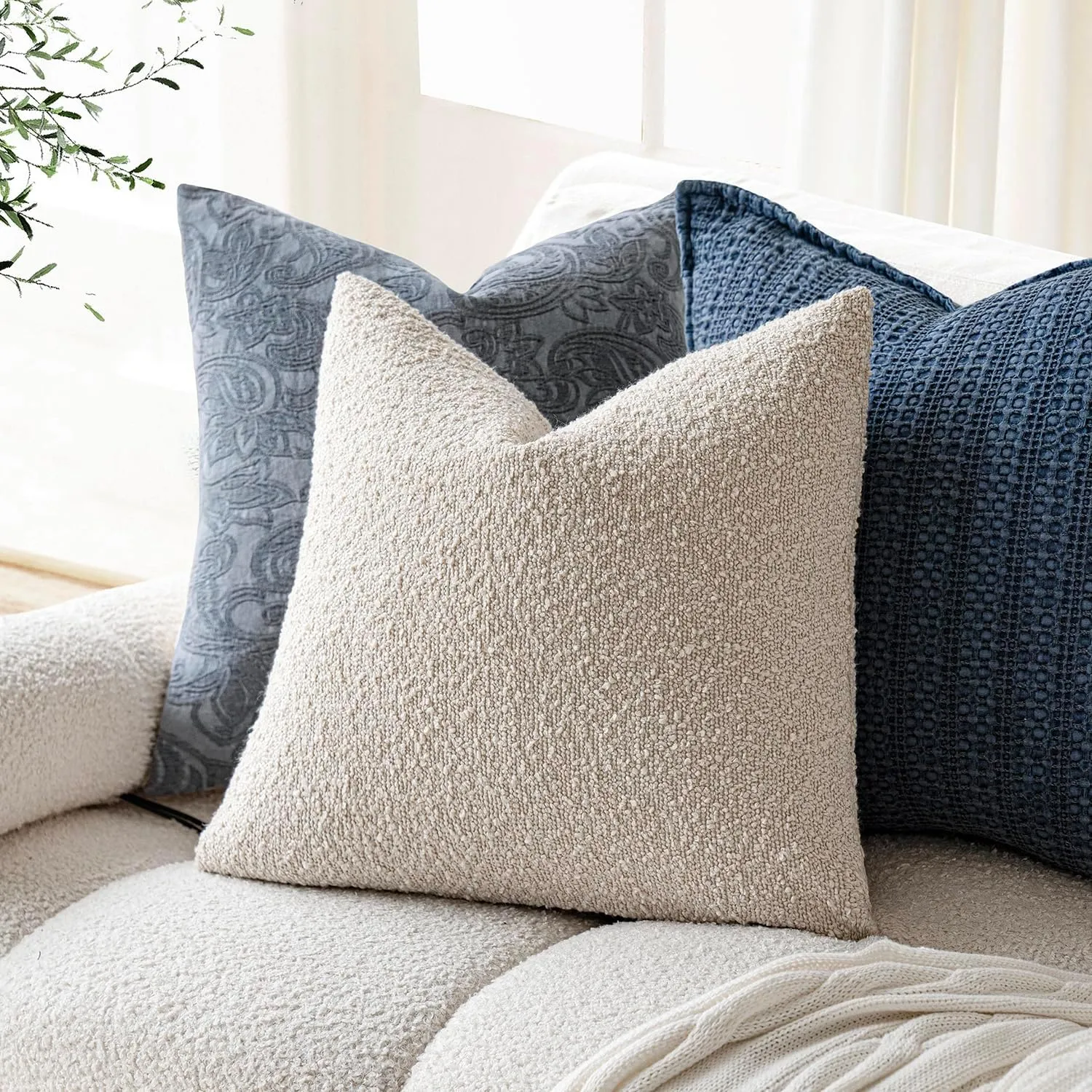 Foindtower Set of 2, Decorative Textured Boucle Throw Pillow Covers Accent Solid Pillow Cases Neutral Cozy Couch Cushion Case for Chair Sofa Bedroom Living Room Home Decor 16 x 16 Inch Ivory Beige