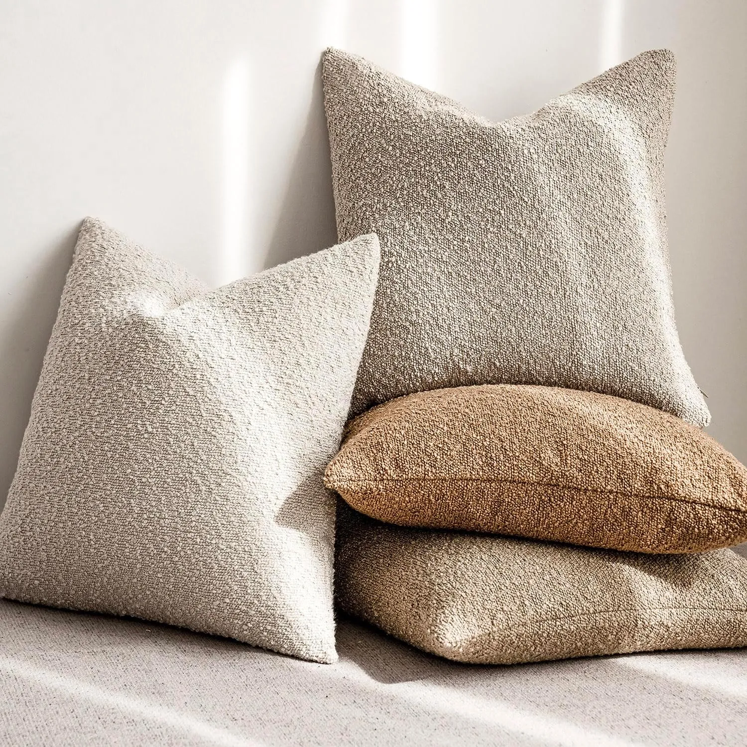 Foindtower Set of 2, Decorative Textured Boucle Throw Pillow Covers Accent Solid Pillow Cases Neutral Cozy Couch Cushion Case for Chair Sofa Bedroom Living Room Home Decor 16 x 16 Inch Ivory Beige