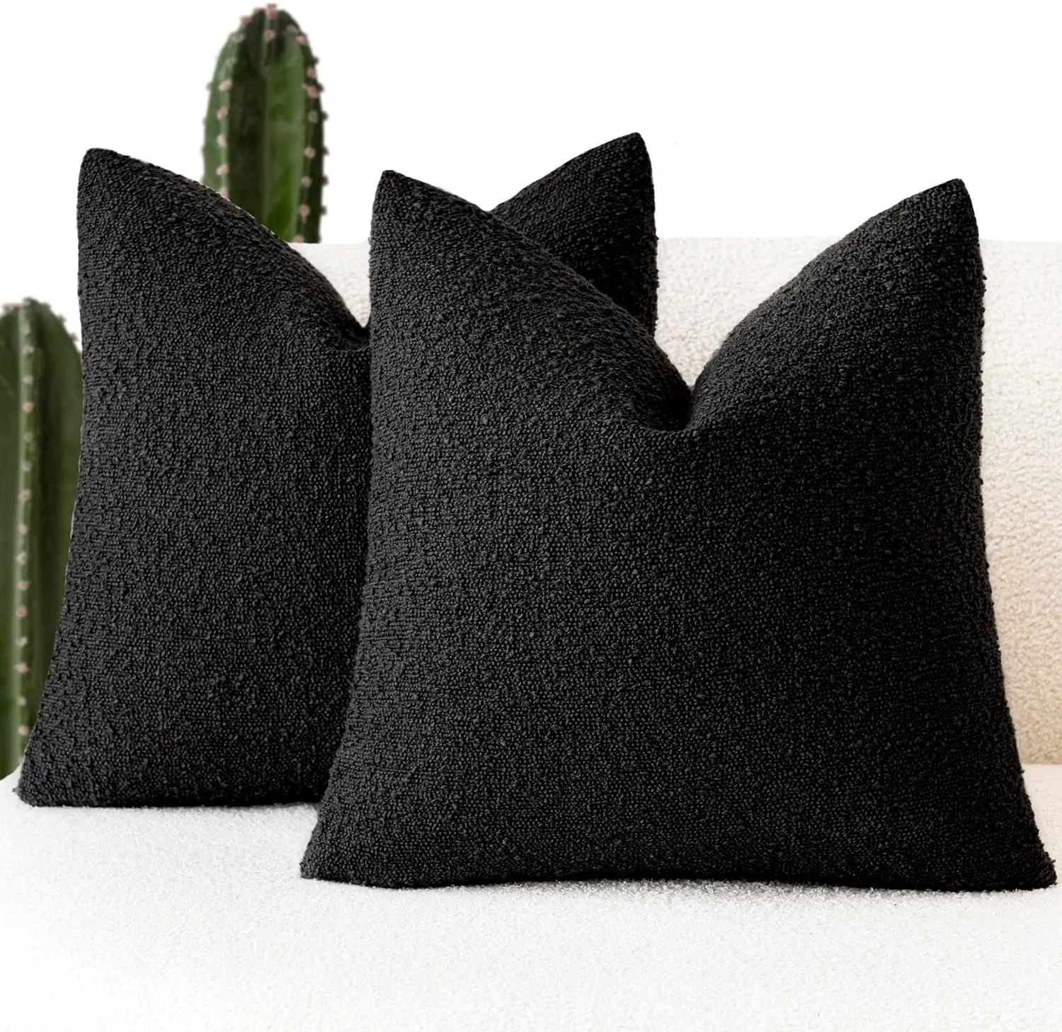 Foindtower Set of 2, Decorative Textured Boucle Throw Pillow Covers Accent Solid Pillow Cases Neutral Soft Cozy Couch Cushion Case for Chair Sofa Bedroom Living Room Home Decor 18 x 18 Inch Black