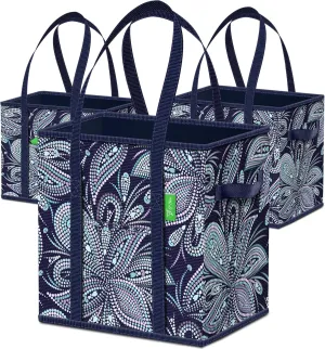 Foldable Reusable Grocery Bags (3 Heights), Front Pocket, Resistant Sides, Long Handles - Strong Bottom