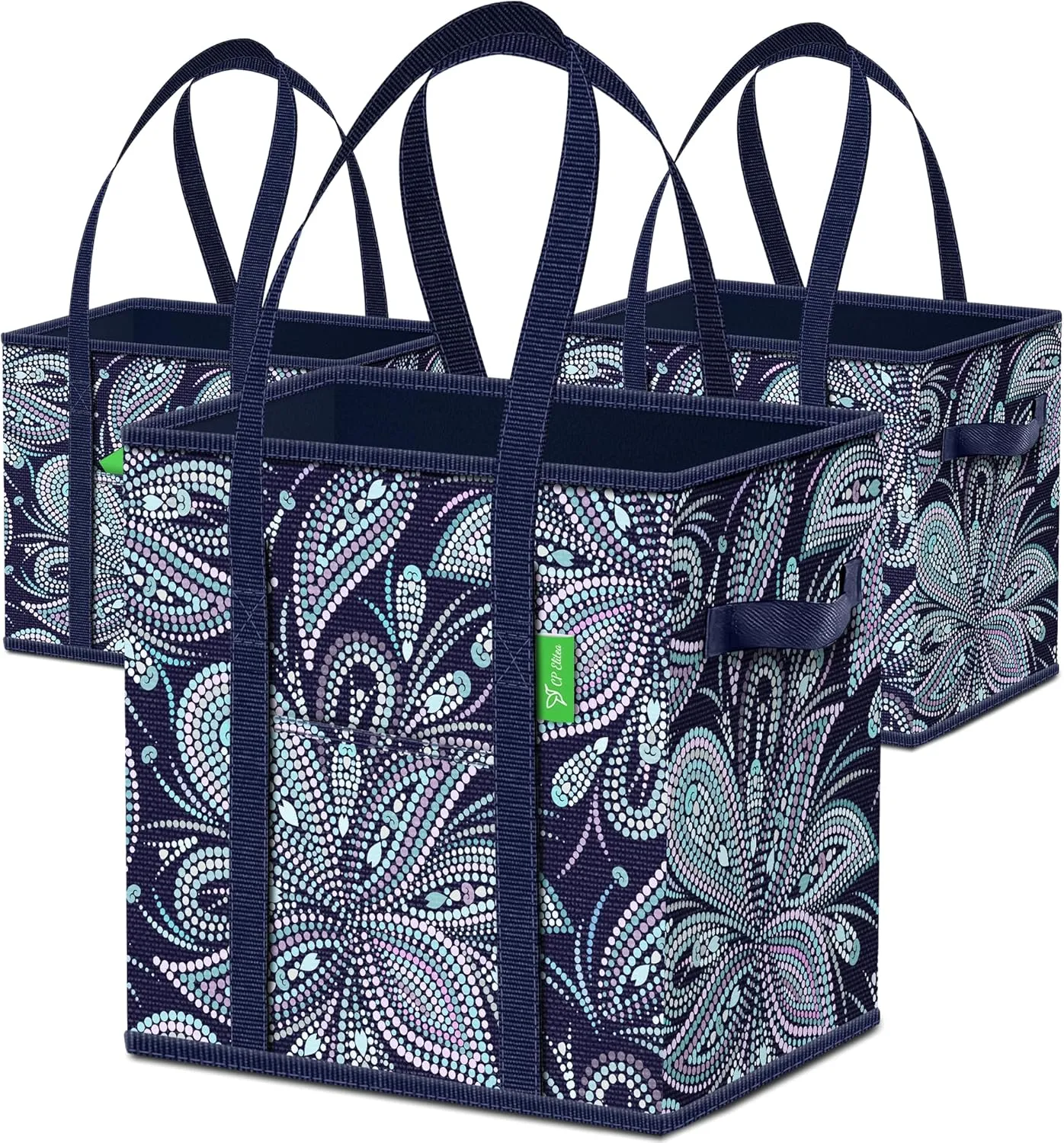 Foldable Reusable Grocery Bags (3 Heights), Front Pocket, Resistant Sides, Long Handles - Strong Bottom