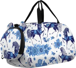 Folk Horses Blue Flowers Duffel Bags for Boys Small Gym Bags for Teens Dance Bag for Girls