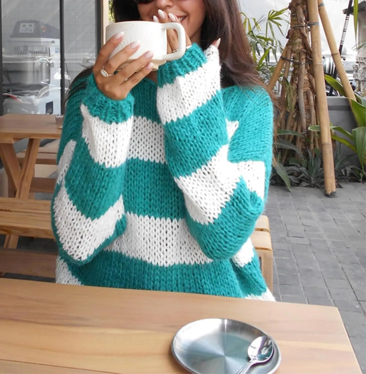 FOMOYUU Women Oversized Striped Sweater Color Block Knit Long Sleeve Sweatshirt Loose Pullover Y2K Preppy Jumper