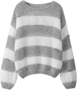 FOMOYUU Women Oversized Striped Sweater Color Block Knit Long Sleeve Sweatshirt Loose Pullover Y2K Preppy Jumper