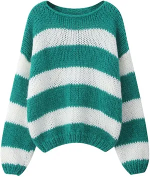 FOMOYUU Women Oversized Striped Sweater Color Block Knit Long Sleeve Sweatshirt Loose Pullover Y2K Preppy Jumper