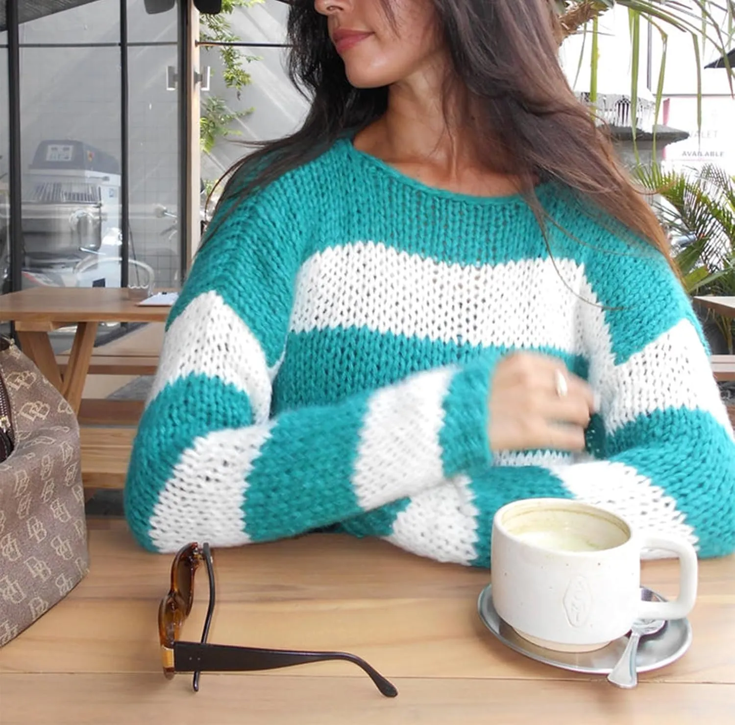 FOMOYUU Women Oversized Striped Sweater Color Block Knit Long Sleeve Sweatshirt Loose Pullover Y2K Preppy Jumper