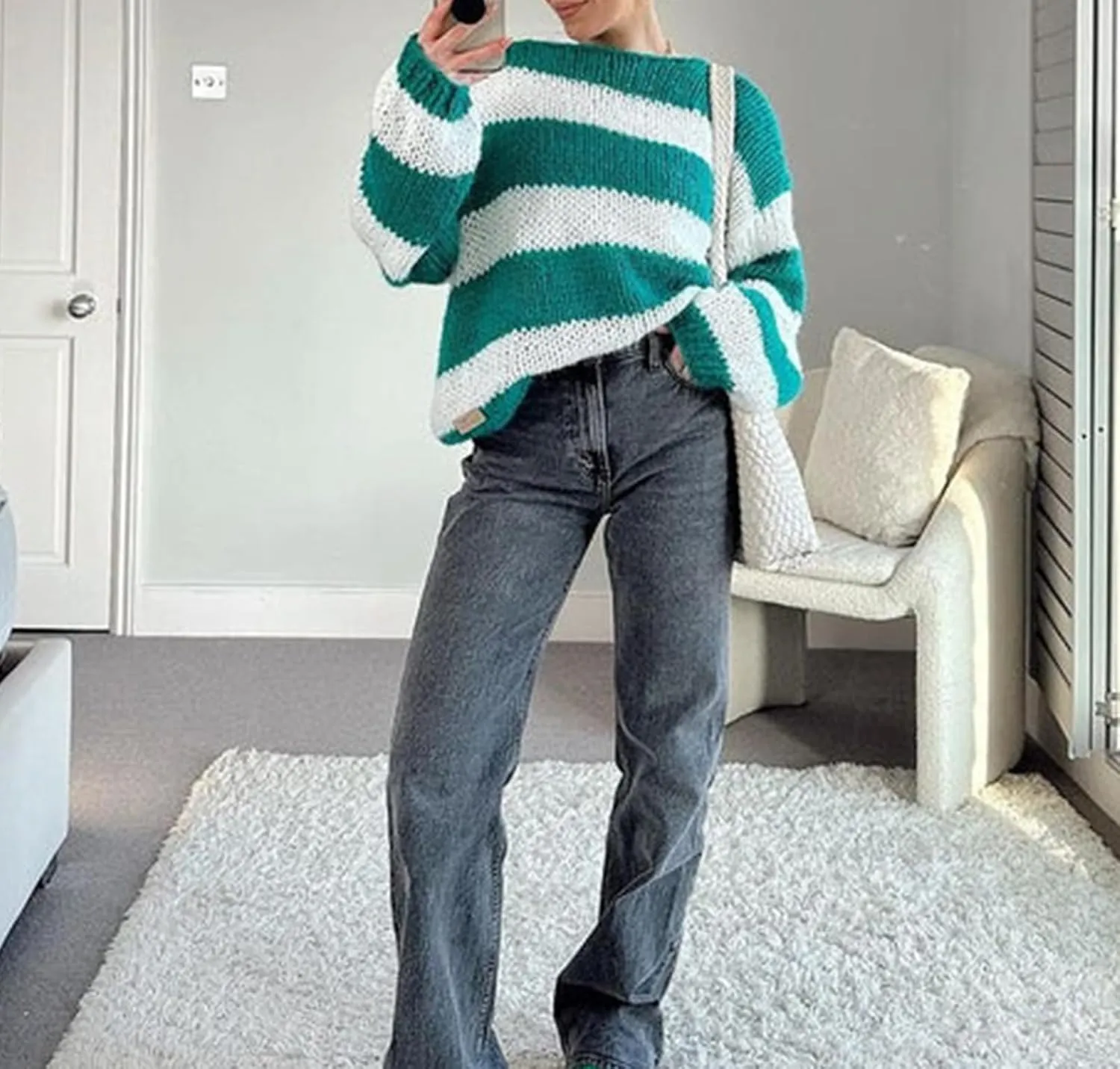 FOMOYUU Women Oversized Striped Sweater Color Block Knit Long Sleeve Sweatshirt Loose Pullover Y2K Preppy Jumper