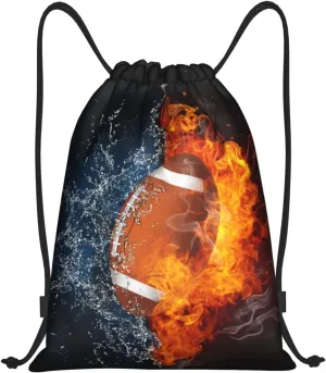 Football Drawstring Backpack Sports Backpack Bag for Kids Teens Adults Boys Girls Women Men, Sport Gym Swim Travel Work Hiking Daypack Bag with Water and Fire Pattern Printed, Medium