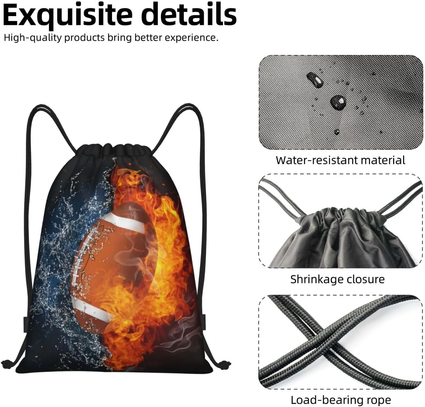 Football Drawstring Backpack Sports Backpack Bag for Kids Teens Adults Boys Girls Women Men, Sport Gym Swim Travel Work Hiking Daypack Bag with Water and Fire Pattern Printed, Medium