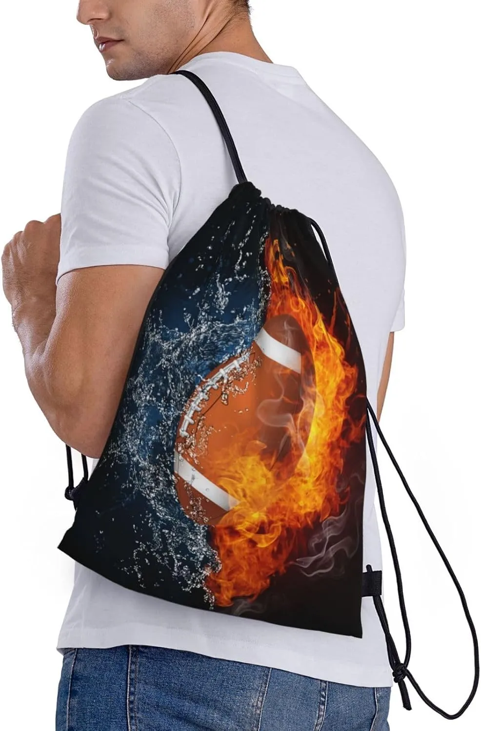 Football Drawstring Backpack Sports Backpack Bag for Kids Teens Adults Boys Girls Women Men, Sport Gym Swim Travel Work Hiking Daypack Bag with Water and Fire Pattern Printed, Medium