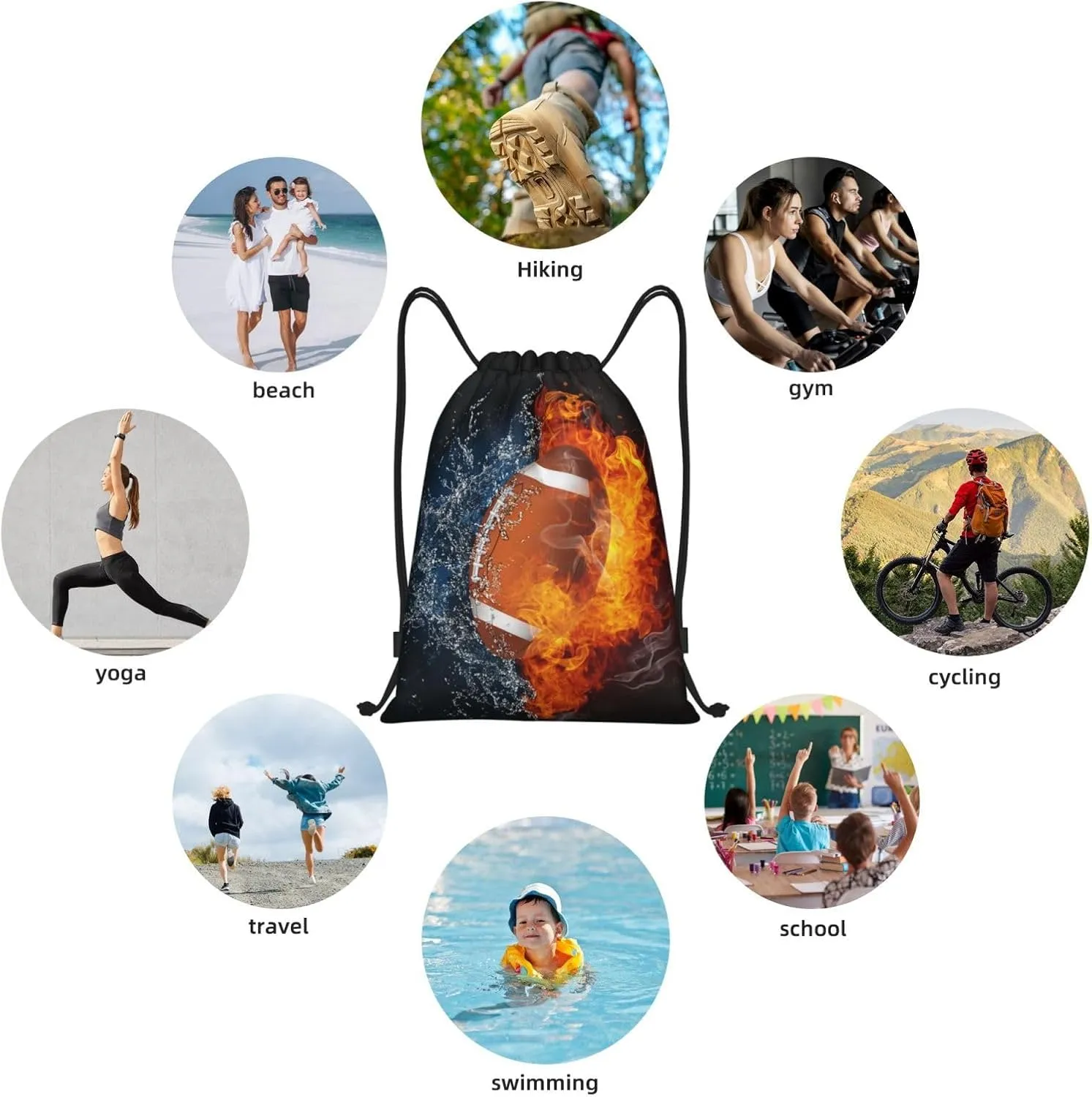 Football Drawstring Backpack Sports Backpack Bag for Kids Teens Adults Boys Girls Women Men, Sport Gym Swim Travel Work Hiking Daypack Bag with Water and Fire Pattern Printed, Medium