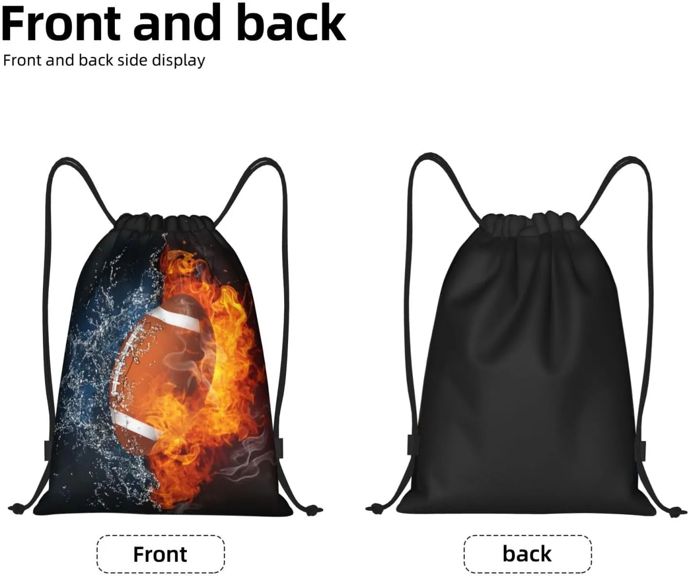 Football Drawstring Backpack Sports Backpack Bag for Kids Teens Adults Boys Girls Women Men, Sport Gym Swim Travel Work Hiking Daypack Bag with Water and Fire Pattern Printed, Medium