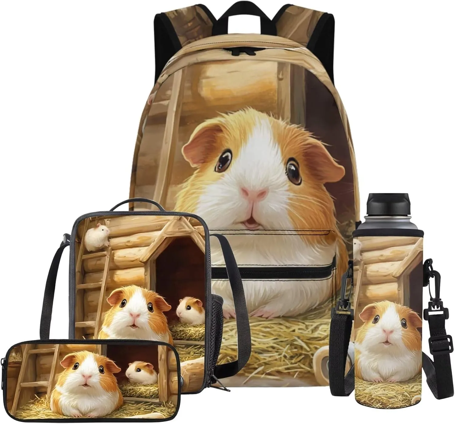 FOR U DESIGNS 4 Piece Guinea Pig Backpack Set with Lunch Box for Kindergarten Girls 5-6 Years Lightweight 17 Inch Spacious School Bag for Outdoor Travel