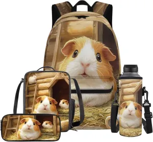FOR U DESIGNS 4 Piece Guinea Pig Backpack Set with Lunch Box for Kindergarten Girls 5-6 Years Lightweight 17 Inch Spacious School Bag for Outdoor Travel