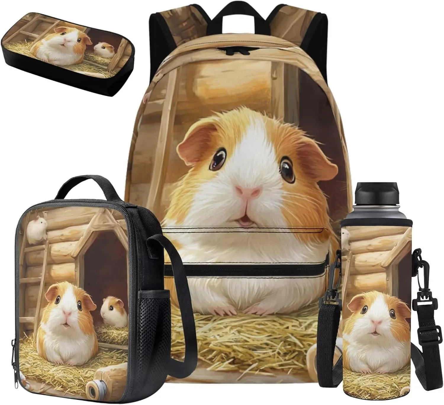 FOR U DESIGNS 4 Piece Guinea Pig Backpack Set with Lunch Box for Kindergarten Girls 5-6 Years Lightweight 17 Inch Spacious School Bag for Outdoor Travel