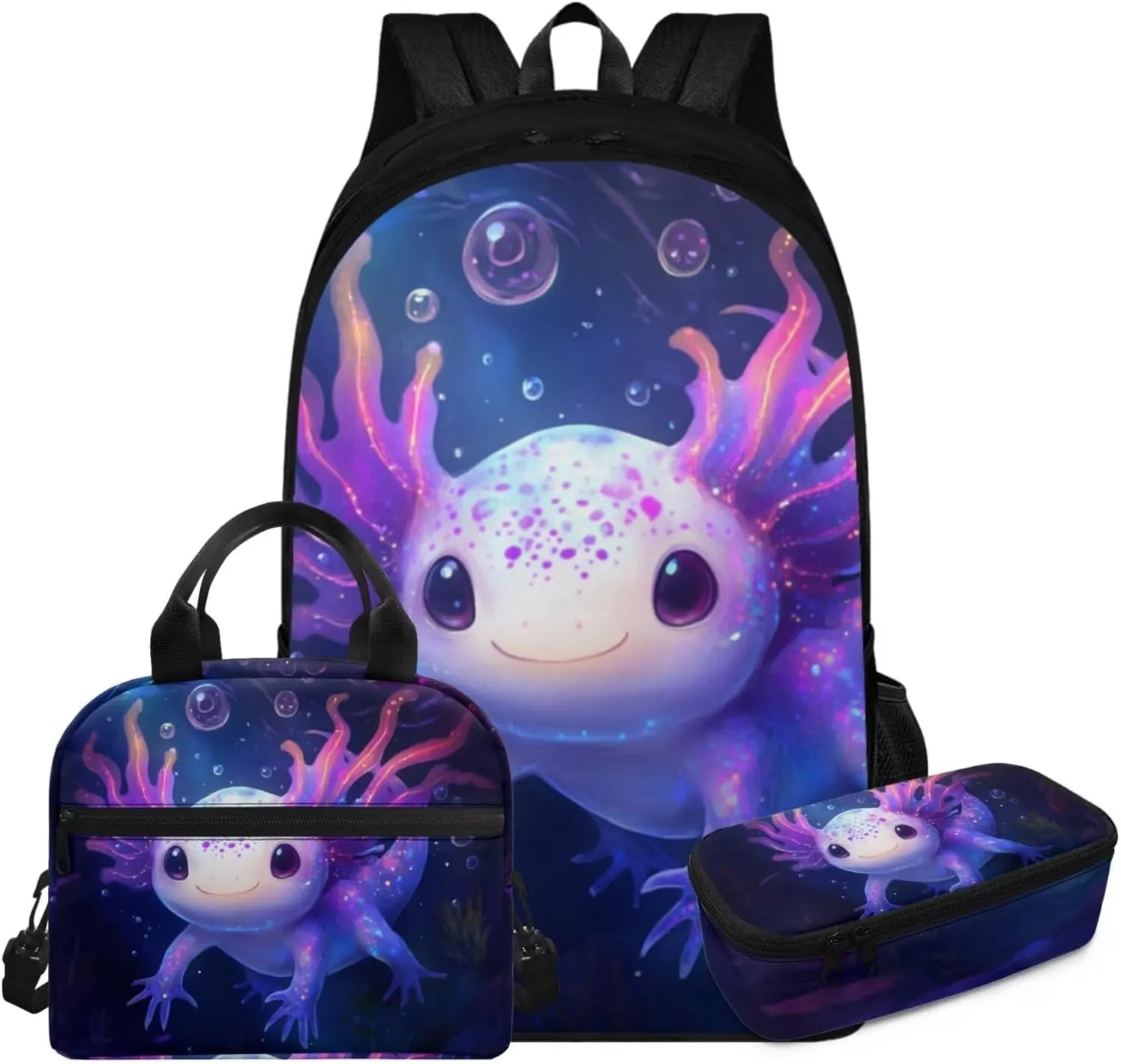 FOR U DESIGNS Kids Backpack Axolotl Multiple Pockets Girls Bookbags Ages 9-12 Spacious School Bag Grade 1 Ergonomic Adjustable Straps 3 Piece Mochilas Para Niñas