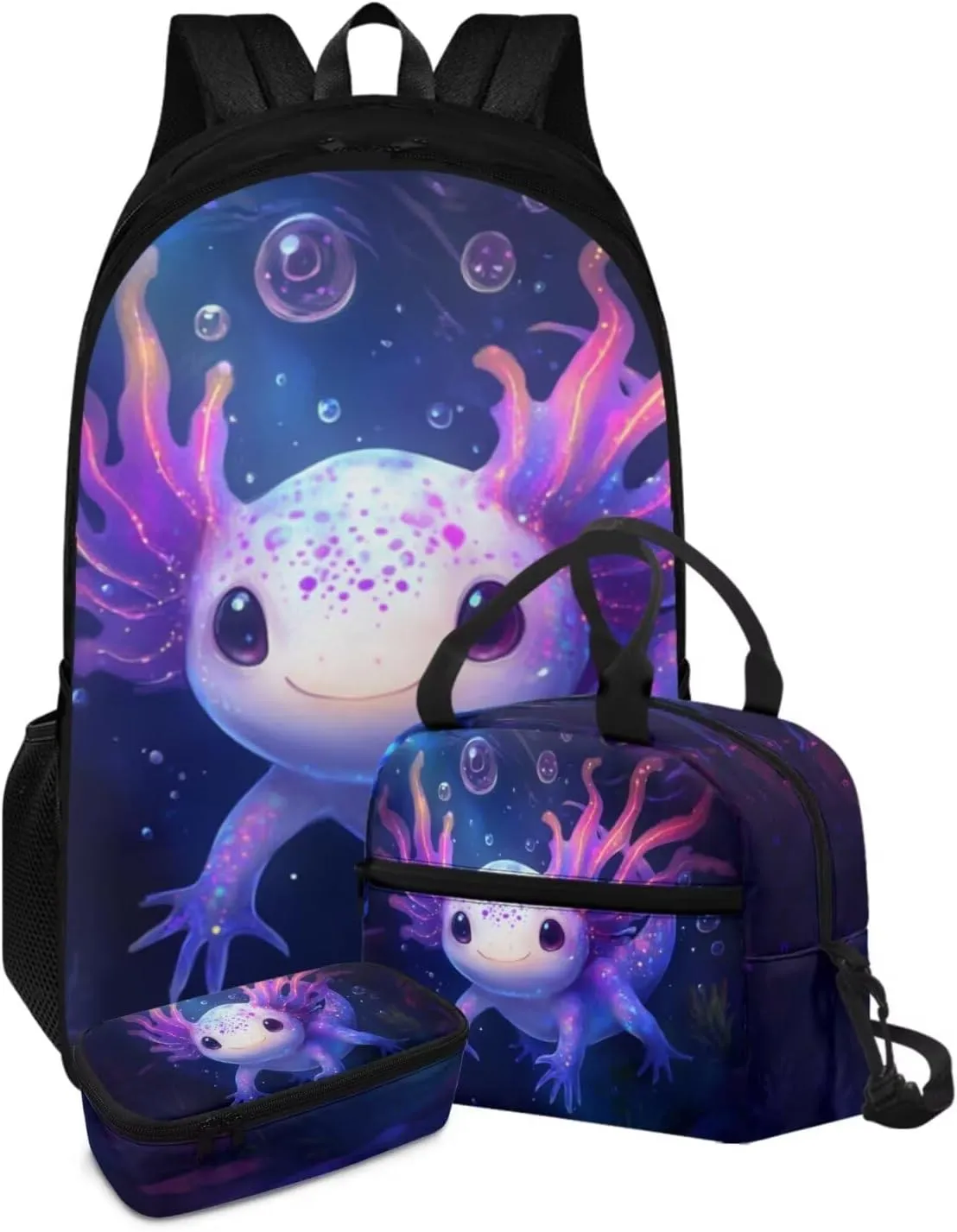 FOR U DESIGNS Kids Backpack Axolotl Multiple Pockets Girls Bookbags Ages 9-12 Spacious School Bag Grade 1 Ergonomic Adjustable Straps 3 Piece Mochilas Para Niñas