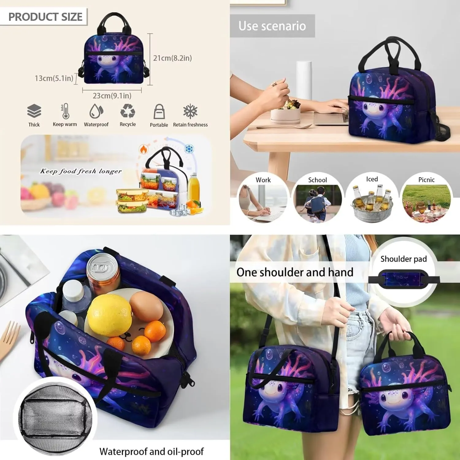 FOR U DESIGNS Kids Backpack Axolotl Multiple Pockets Girls Bookbags Ages 9-12 Spacious School Bag Grade 1 Ergonomic Adjustable Straps 3 Piece Mochilas Para Niñas