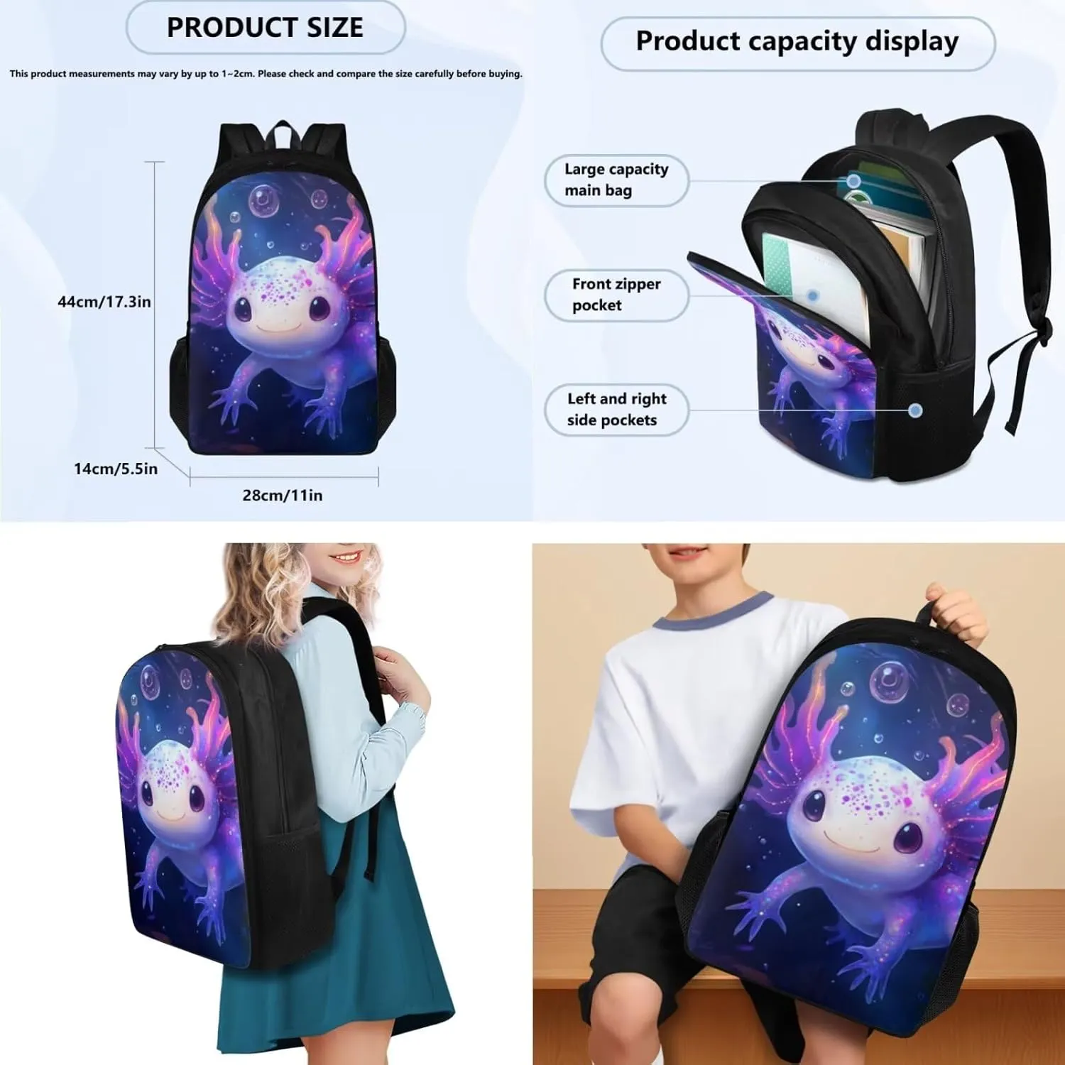 FOR U DESIGNS Kids Backpack Axolotl Multiple Pockets Girls Bookbags Ages 9-12 Spacious School Bag Grade 1 Ergonomic Adjustable Straps 3 Piece Mochilas Para Niñas