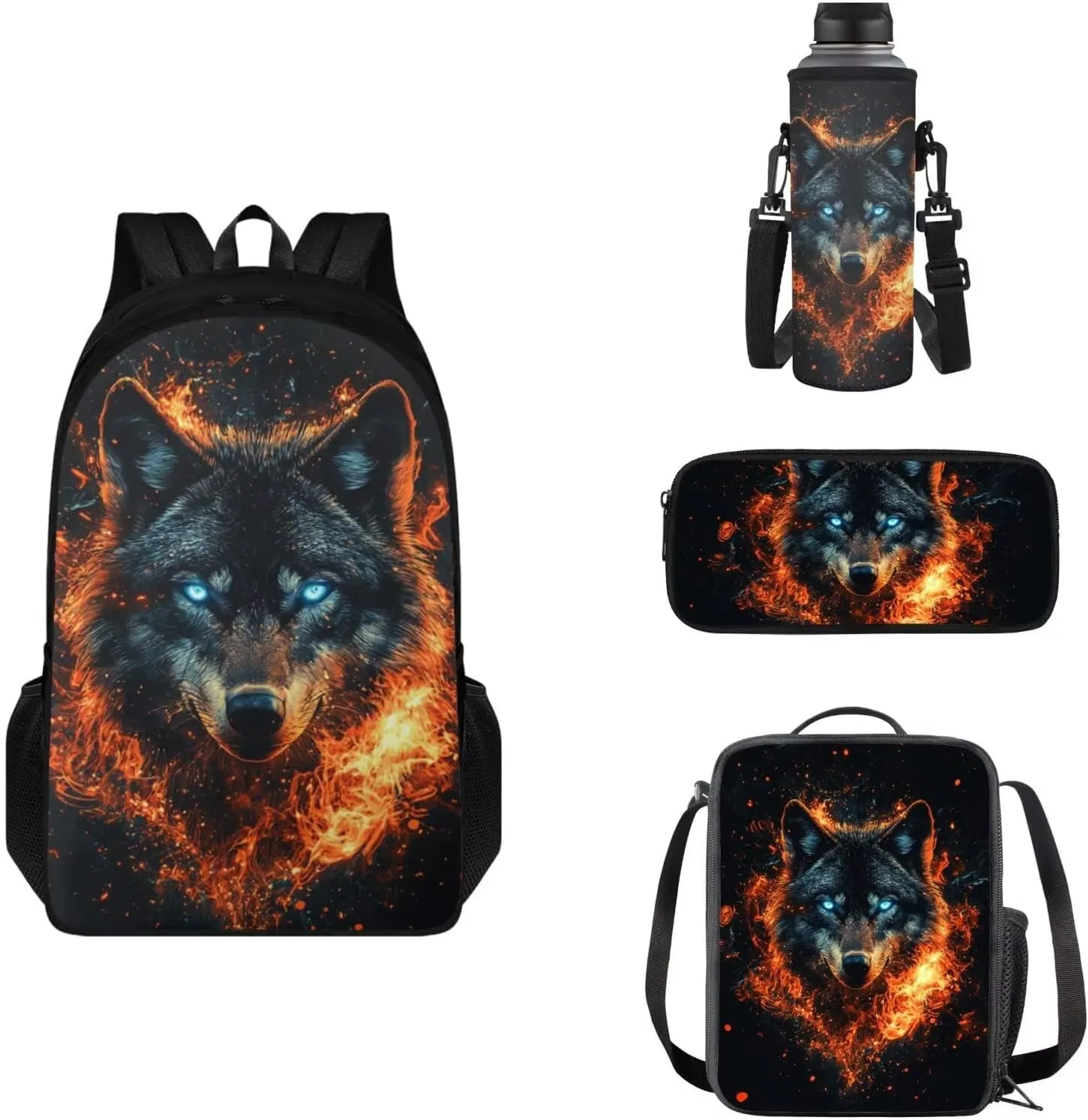 FOR U DESIGNS Wolf Backpack for Kids Insulated Lunch Bag with Water Bottle Holder 4 in 1 Lightweight School Bag 5th Grade 17 Inch Teen Bookbag for Boys Ages 14-16