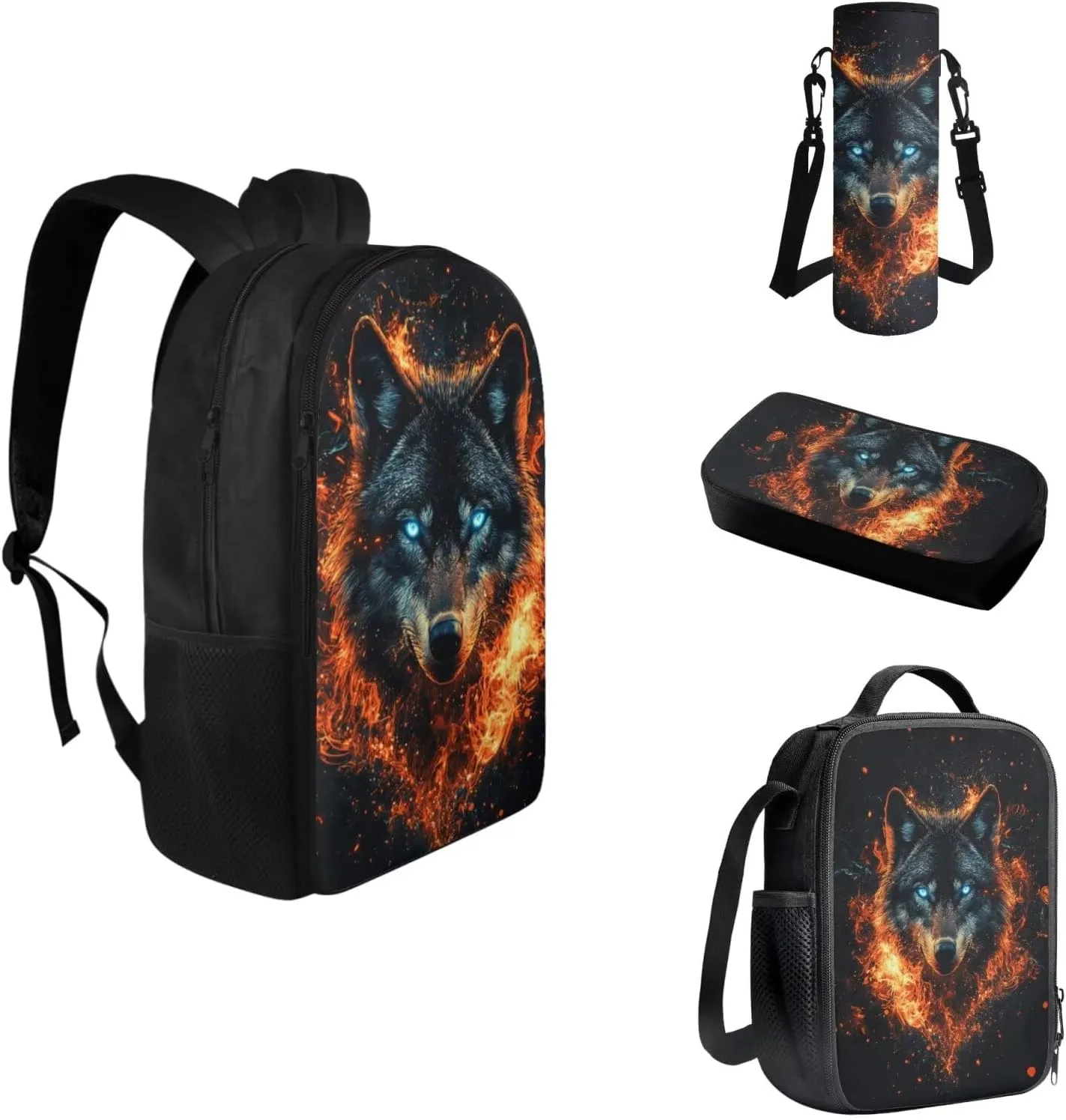 FOR U DESIGNS Wolf Backpack for Kids Insulated Lunch Bag with Water Bottle Holder 4 in 1 Lightweight School Bag 5th Grade 17 Inch Teen Bookbag for Boys Ages 14-16