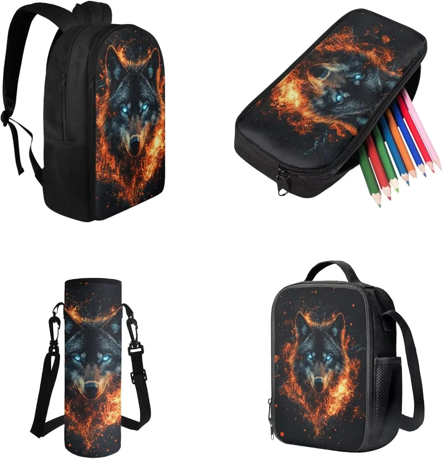FOR U DESIGNS Wolf Backpack for Kids Insulated Lunch Bag with Water Bottle Holder 4 in 1 Lightweight School Bag 5th Grade 17 Inch Teen Bookbag for Boys Ages 14-16