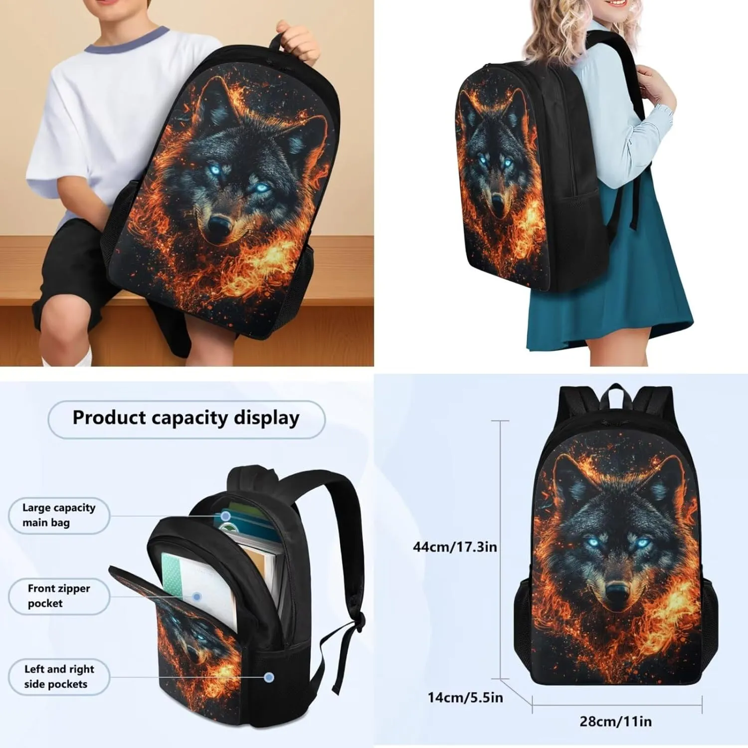 FOR U DESIGNS Wolf Backpack for Kids Insulated Lunch Bag with Water Bottle Holder 4 in 1 Lightweight School Bag 5th Grade 17 Inch Teen Bookbag for Boys Ages 14-16