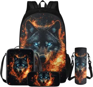 FOR U DESIGNS Wolf Backpack for Kids Insulated Lunch Bag with Water Bottle Holder 4 in 1 Lightweight School Bag 5th Grade 17 Inch Teen Bookbag for Boys Ages 14-16