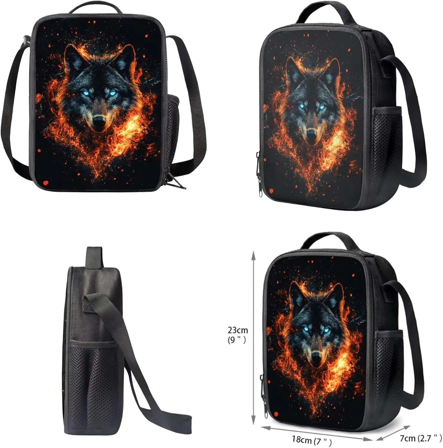FOR U DESIGNS Wolf Backpack for Kids Insulated Lunch Bag with Water Bottle Holder 4 in 1 Lightweight School Bag 5th Grade 17 Inch Teen Bookbag for Boys Ages 14-16