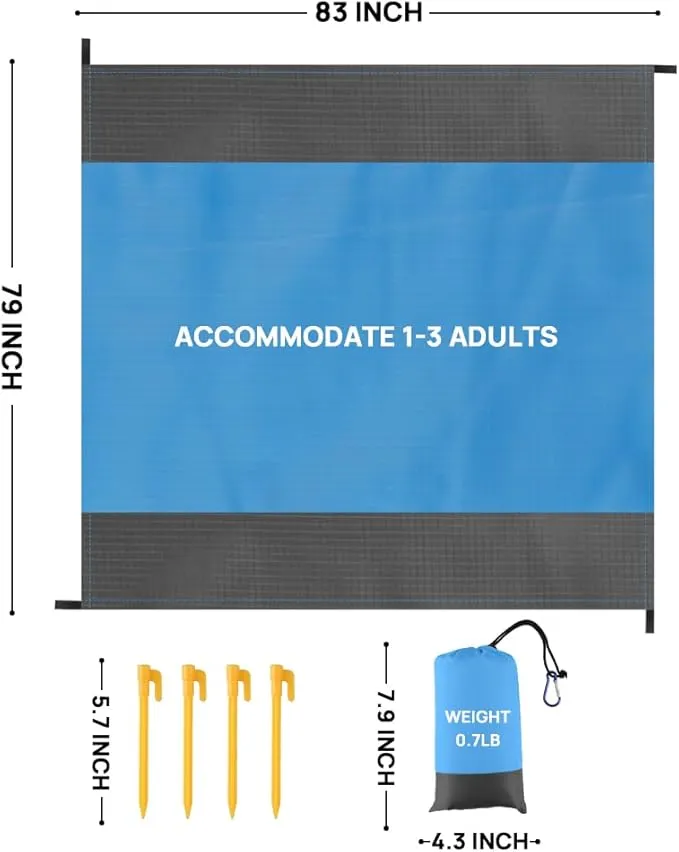 Forbidden Road 83" x 79" Beach Blanket Oversized Waterproof Sandproof Picnic Mat for 1-3 Adults (Blue, 83" x 79" (1-3 Person))