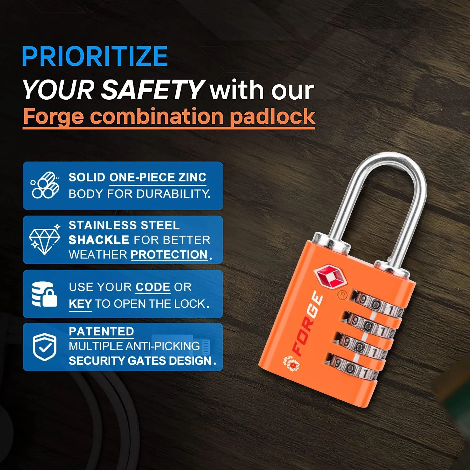 Forge Dual-Opening: Key or Combination Access Lock, TSA Approved Locks for Luggage, Pelican case, Travel, Gym, School, Stainless Steel Shackle.(Orange, 2 Pk)