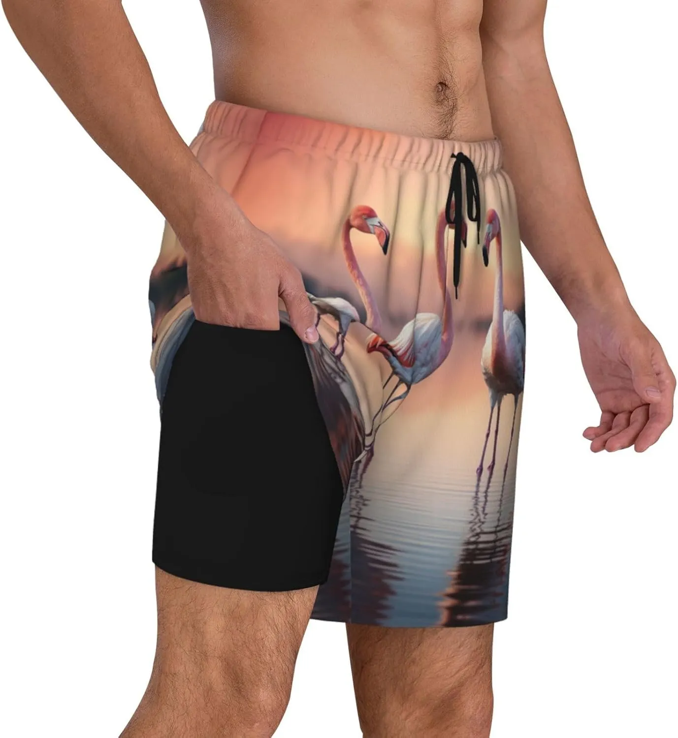 Four Flamingos Print Men's Double Layer Swim Shorts, Gym Workout Shorts with Pocket
