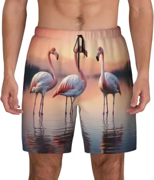 Four Flamingos Print Men's Double Layer Swim Shorts, Gym Workout Shorts with Pocket
