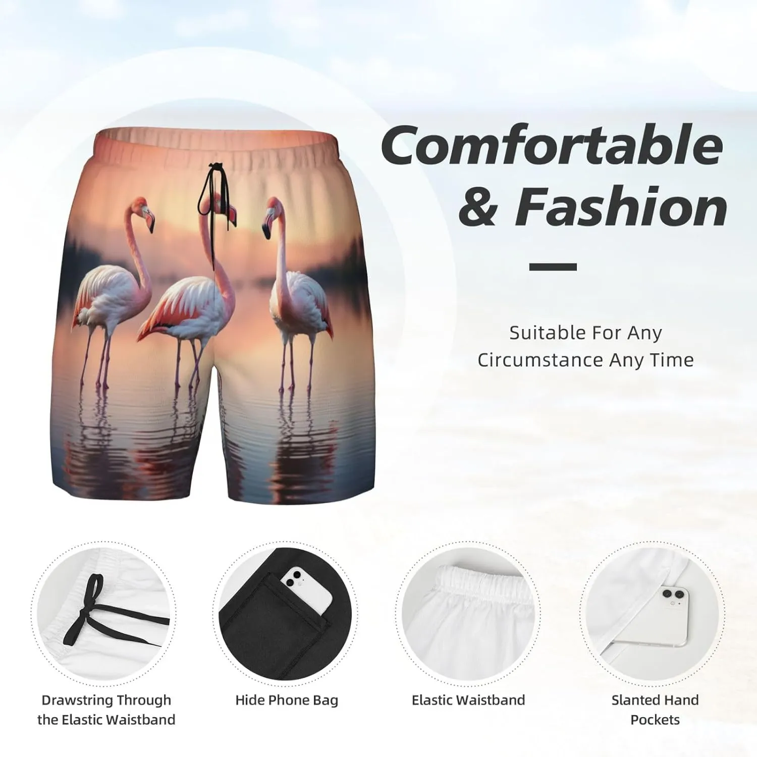 Four Flamingos Print Men's Double Layer Swim Shorts, Gym Workout Shorts with Pocket