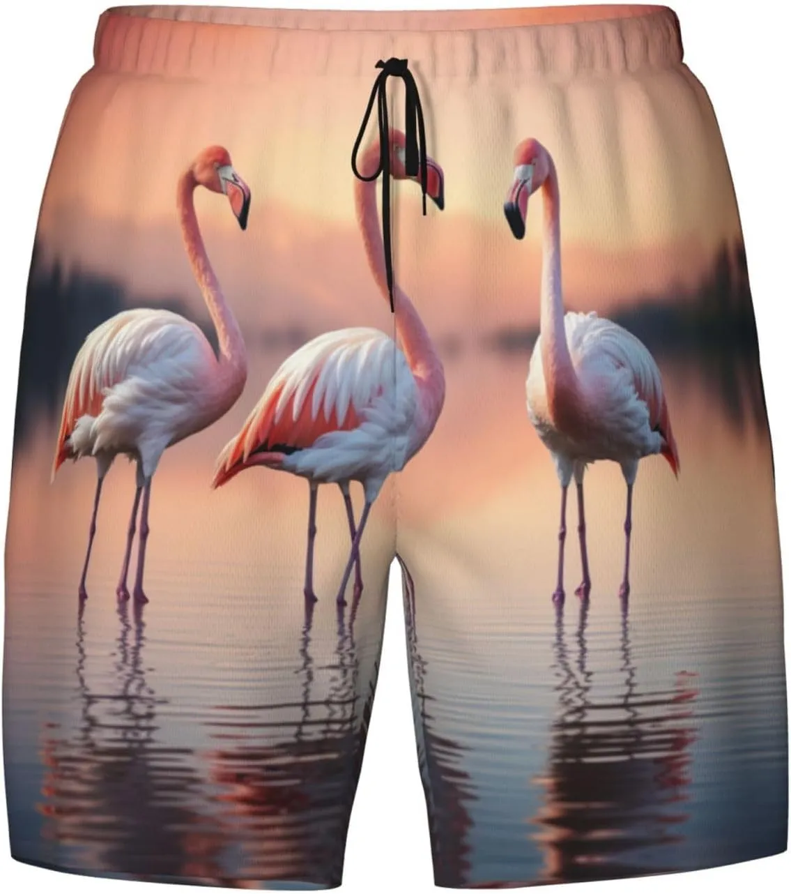 Four Flamingos Print Men's Double Layer Swim Shorts, Gym Workout Shorts with Pocket