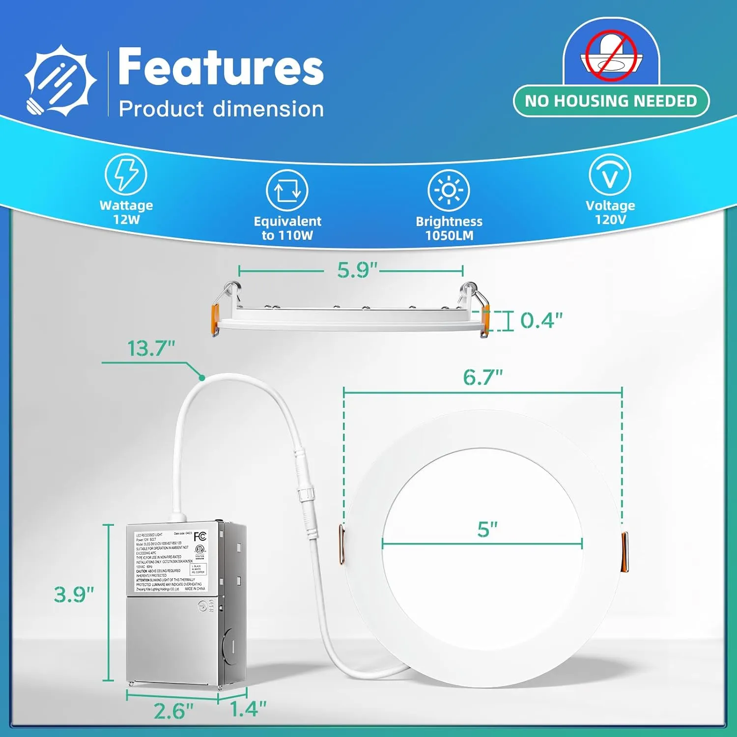 FREELICHT 24 Pack 6 Inch 5CCT Ultra-Thin LED Recessed Ceiling Light with Junction Box, 2700K/3000K/3500K/4000K/5000K Selectable, 1050LM Brightness, Dimmable Canless Wafer Downlight, 12WEqv110W-ETL&FCC