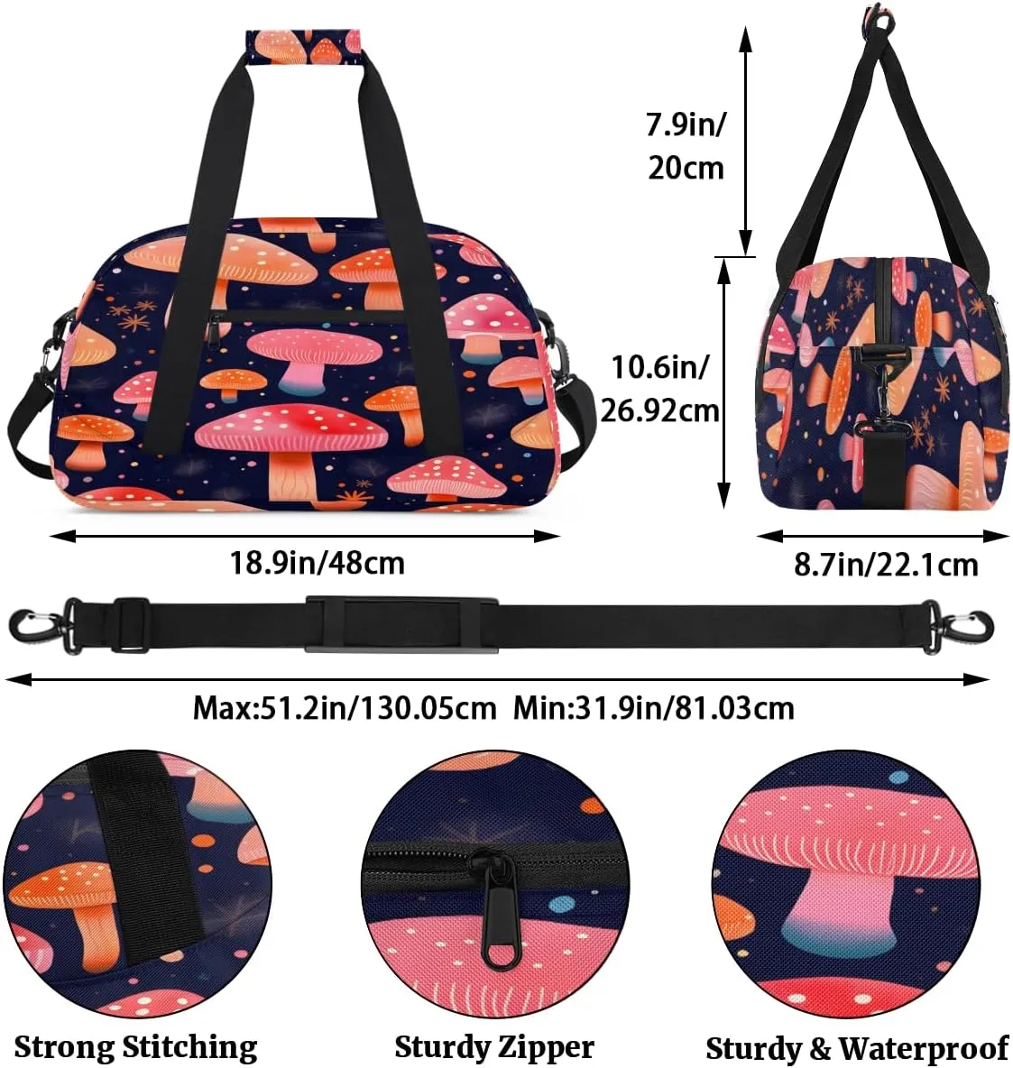 Fresh Mushroom Dots Pattern Kids Overnighter Duffel Bags for Boys, Carry-On Size Sports Gym Bag with Front Zipper Pocket for School Practice or Overnight Travel Weekender Sleepover Tote Bag
