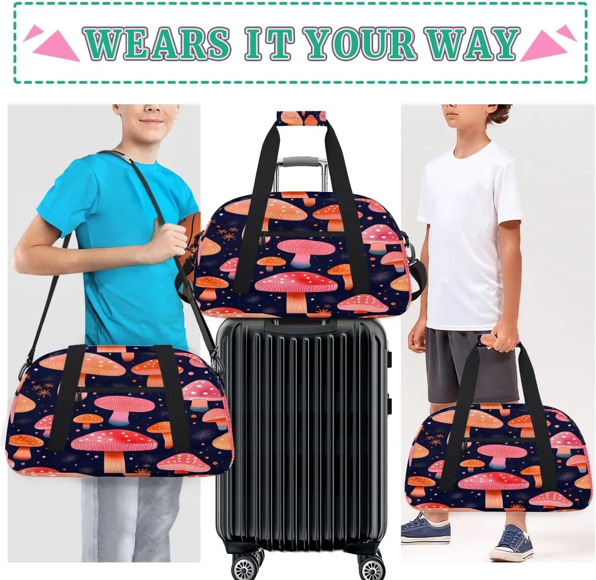 Fresh Mushroom Dots Pattern Kids Overnighter Duffel Bags for Boys, Carry-On Size Sports Gym Bag with Front Zipper Pocket for School Practice or Overnight Travel Weekender Sleepover Tote Bag