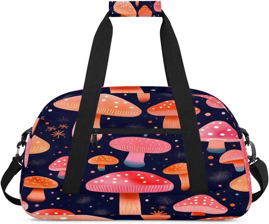 Fresh Mushroom Dots Pattern Kids Overnighter Duffel Bags for Boys, Carry-On Size Sports Gym Bag with Front Zipper Pocket for School Practice or Overnight Travel Weekender Sleepover Tote Bag