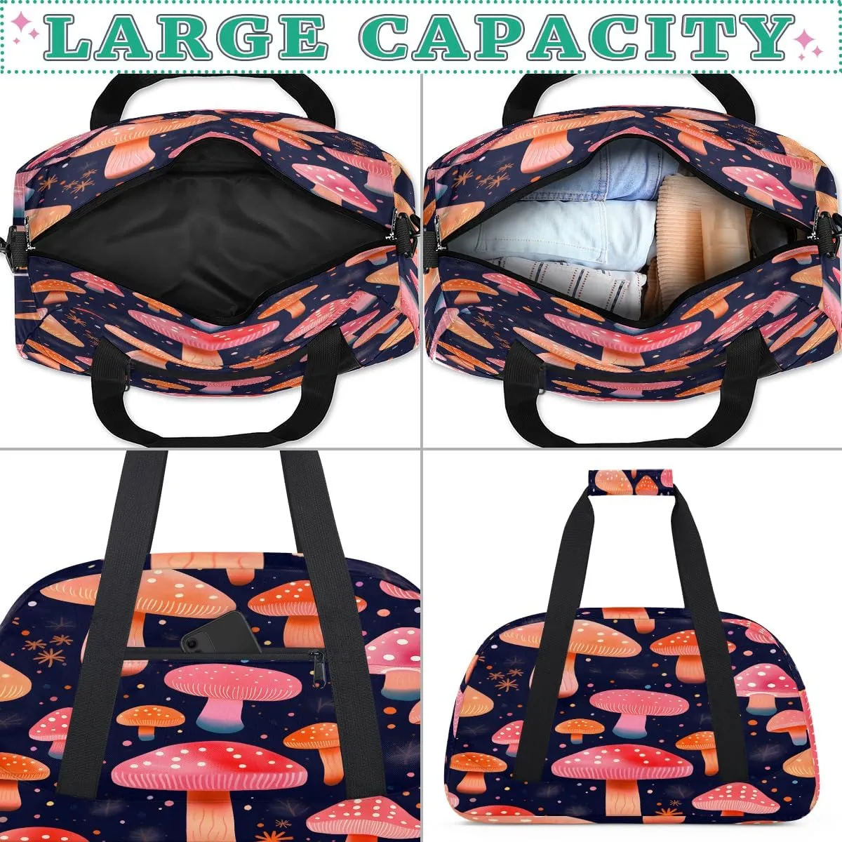 Fresh Mushroom Dots Pattern Kids Overnighter Duffel Bags for Boys, Carry-On Size Sports Gym Bag with Front Zipper Pocket for School Practice or Overnight Travel Weekender Sleepover Tote Bag