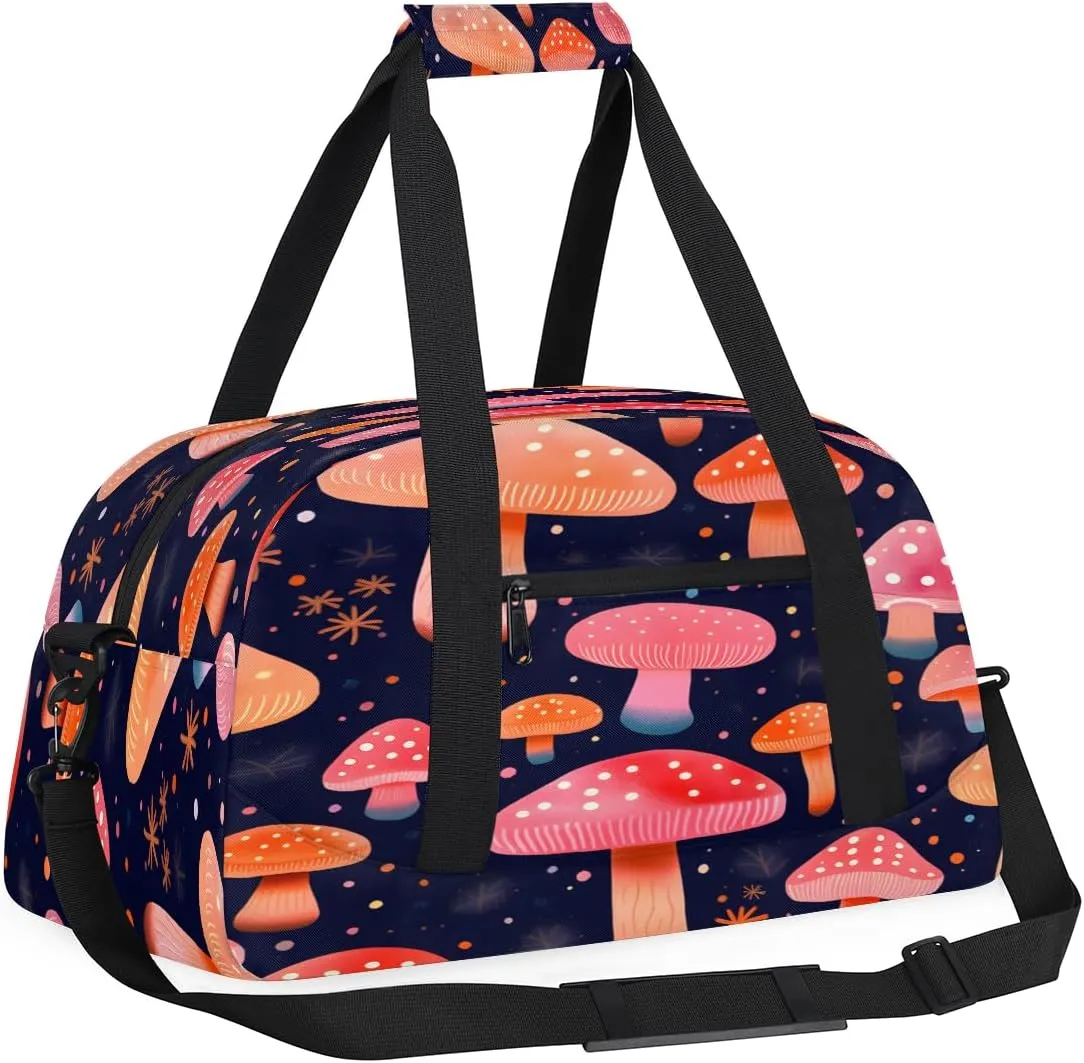 Fresh Mushroom Dots Pattern Kids Overnighter Duffel Bags for Boys, Carry-On Size Sports Gym Bag with Front Zipper Pocket for School Practice or Overnight Travel Weekender Sleepover Tote Bag
