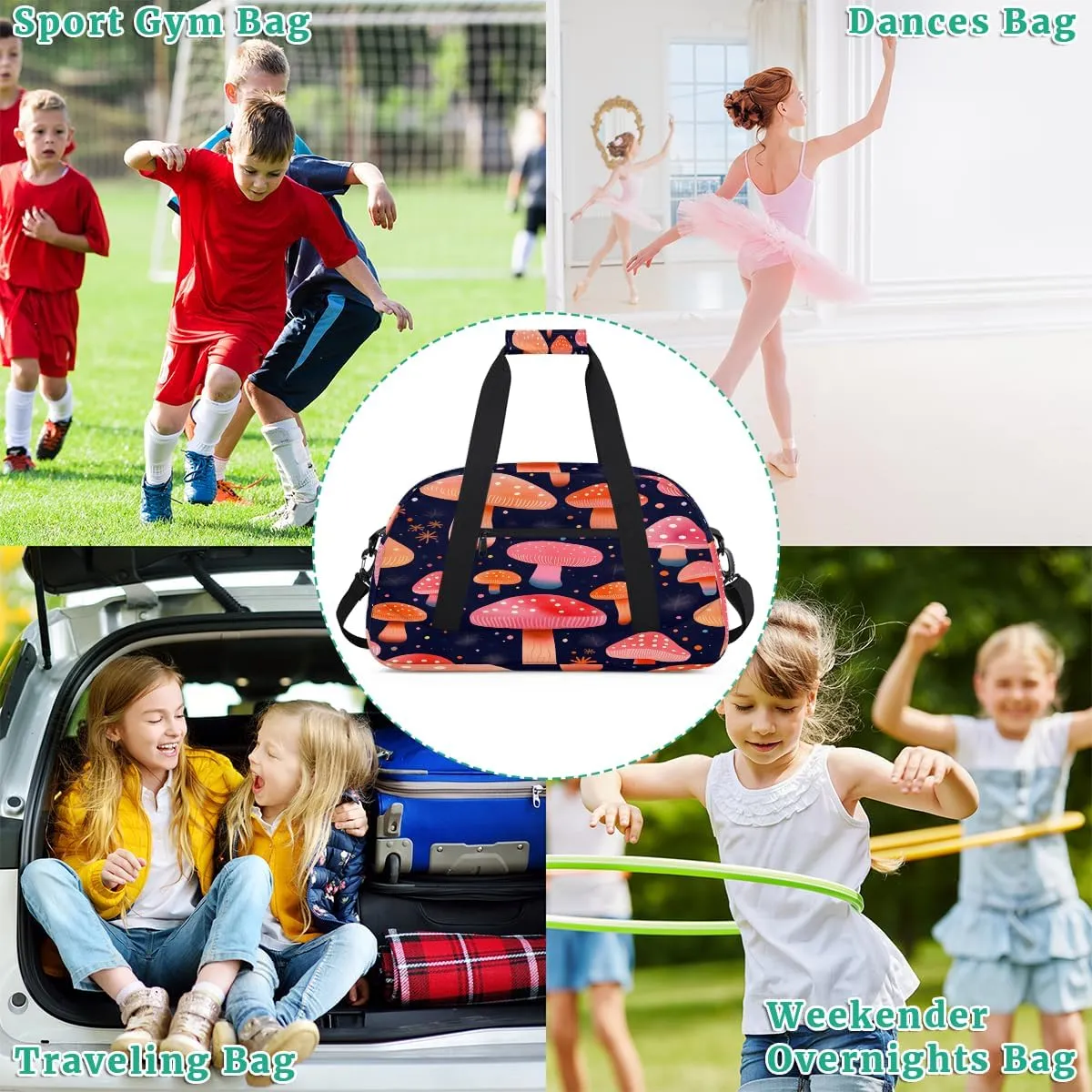 Fresh Mushroom Dots Pattern Kids Overnighter Duffel Bags for Boys, Carry-On Size Sports Gym Bag with Front Zipper Pocket for School Practice or Overnight Travel Weekender Sleepover Tote Bag
